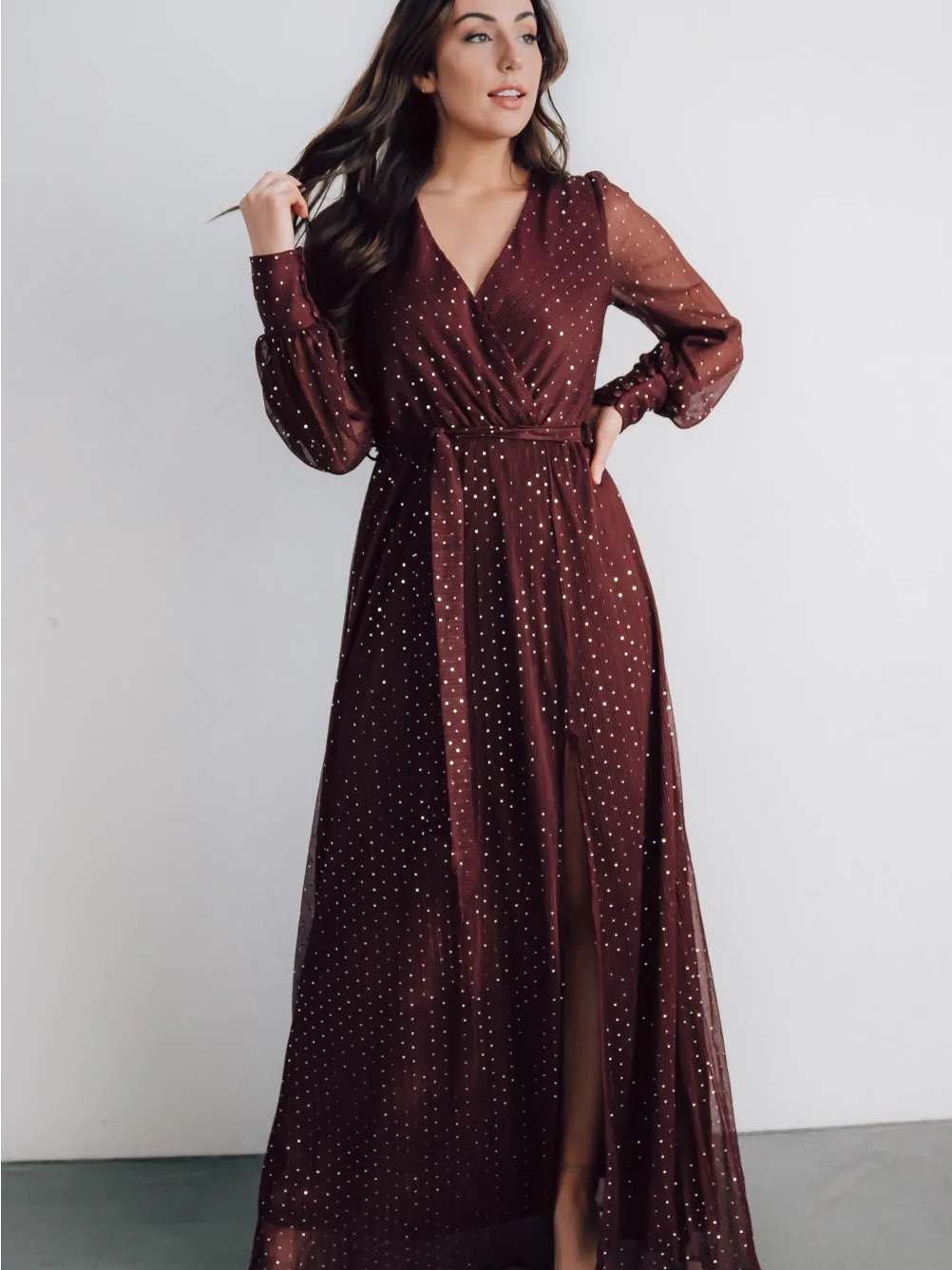 Baltic Born Wine Silver Polka Dot Wrap Maxi Dress